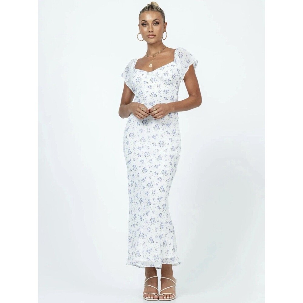 Princess Polly White Blue Hera Maxi Dress White Floral Size 10